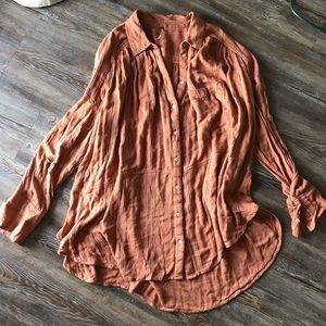 Free People / Orange Stripe Button Up High Low Top
